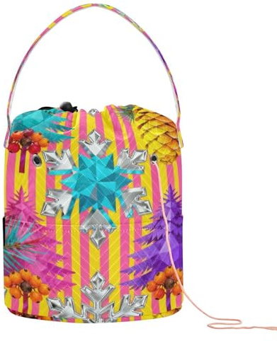 GuoChe Gestreifte Tannenzapfen und Baum, Weihnachtsmuster, Garntaschen, Häkelnadel, Aufbewahrung, tragbare Garntasche für Strick, Häkeln, Häkeln