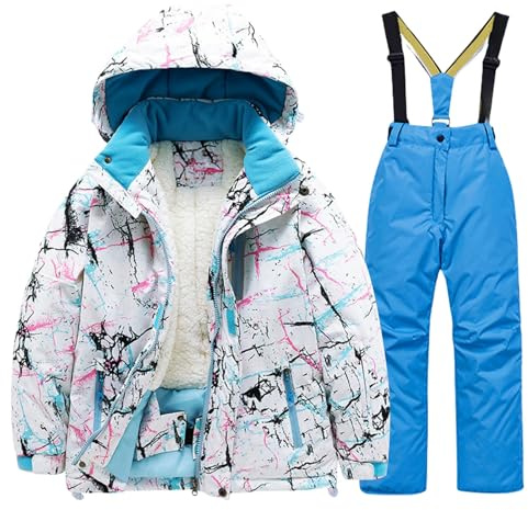 Tuta da neve invernale per bambini con cappuccio in pelliccia artificiale trapuntata spessa foderata in pile giacca cappotto e pantaloni da sci caldi alla moda Outwear, blu cielo, 10-11 Anni