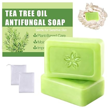 Tea Tree Oil Antifungal Soap，Natural handmade cold soap with shower balls, universal facial and body bath soap, soothing and moisturizing formula, gentle cleansing, protecting healthy skin (2PCS)
