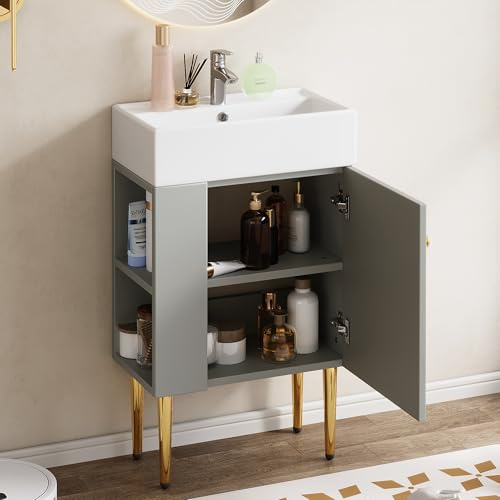 Terahanda Mobili da bagno Lavabo con mobile sottolavabo 55 cm, Mobile sottolavabo, Piccoli mobili da bagno per ospiti (grigio chiaro)