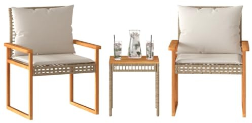SKTQYQO Ensemble de bistro 3 pièces avec coussins beige mixte polyrotin et acacia Ensemble extérieur Mobilier de terrasse Convient pour les cours et les terrasses