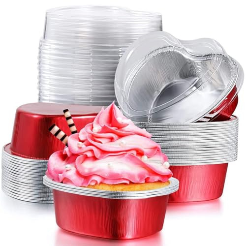 RBFGYIOP Set 50 Stampi a Forma di Cuore in Alluminio con Coperchio – Riutilizzabili, Resistenti al Calore, 100ml – Ideali per Cupcake, Muffin, Mousse, Torte – Perfetti per Forno – Per Sano Valente,