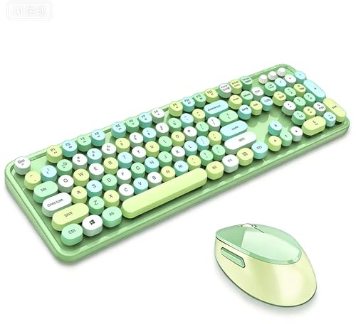 Vumilstek Colourful Keyboard and Mouse Wireless, American QWERTY 2.4G Full Size 107-Key Retro Typewriter Round Keycap with Number Pad for Students Home Office PC Laptop(Green)