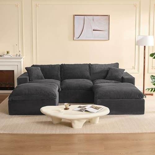 Litbird Modulares Ecksofa & Schlafsofa, 268 cm U-förmige Cloud Couch mit hochwertiger Komfortschaum, Montagefrei, Tiefe Sitzfläche, Cordstoff, Verwandlungssofa für Wohnzimmer,Grau