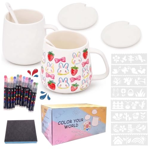LCSHENGMIN Keramik Bemalen Set, Keramik Tassen Bemalen Set, 2 WeißE Porzellan Tassen zum Bemalen, DIY Keramik Malset, Tasse Kreatives Set, 12 Malstiften, 2 Löffel, 1 Doppelseitiger abrasiver Schwamm
