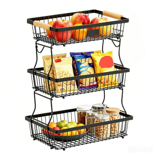 Obstkorb Etagere 3 Ebenen mit 2 Bananen-Aufhängern Obstkorb Abnehmbarer | für Küchenarbeitsplatte Gemüse-Arbeitsplatte Aufbewahrungshalter große Kapazität Metalldraht Obstständer Fruits BasketSchwarz