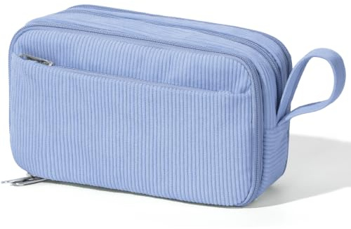 BuyCard Blue Corduroy Pencil Case Large Capacity, Solid Color Pen Pouch, Vintage Aesthetic Stationery Organizer for Office School, Minimalist Zipper Bag for Teens Students.