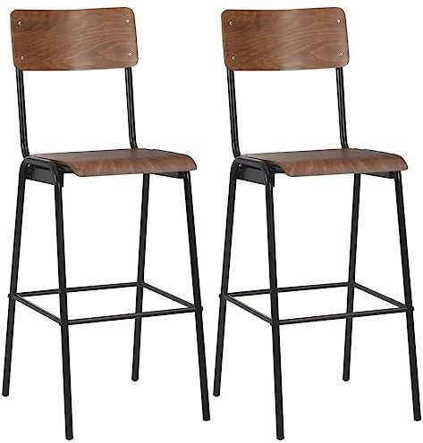 HengCaDa Bar Stools Set of 2 Brown Solid Plywood with Powder-Coated Steel Frame 41.5 x 59 x 116.5 cm Stackable for Kitchen Dining Room Counter with Backrest and Footrest