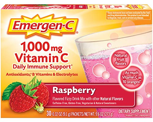 Emergen-C 1000mg Vitamin C Immune Support Powder Raspberry 30CT includes Zinc, Manganese, 7 B Vitamins and Electrolytes for Back to School Essentials