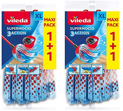 4 X Vileda Supermocio 3 Action Tête de balai à franges en microfibre de remplacement de recharge Bleu