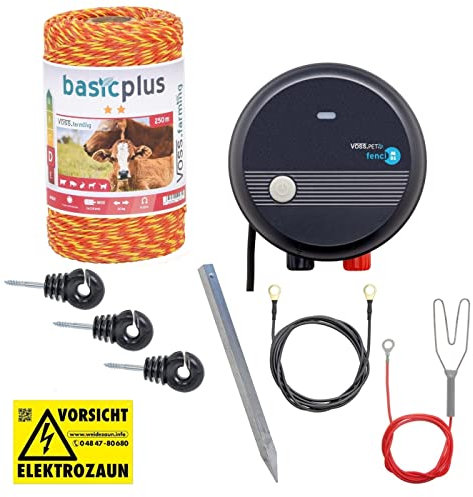 VOSS.farming Elektrozaun Starterset für den Garten Weidezaun Gartenzaun, Hobbyzaun zur Gartensicherung, Mit 230V Weidezaungerät, Weidezaunlitze gelb-orange