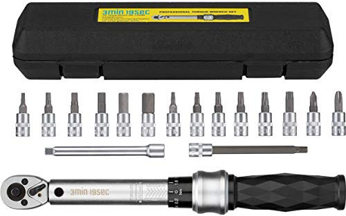 3min19sec Drehmomentschlüssel Fahrrad Set 17-TLG 1/4 Zoll - 1 bis 25 Nm - Bike Drehmoment Schraubendreher mit Steckschlüsselsatz, Torx & Innensechskant I Pro Torque Wrench Set