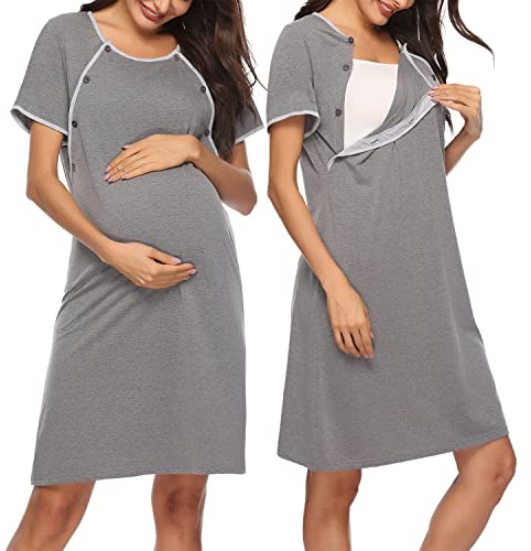 Sykooria Women's Maternity Nightdress Breastfeeding Nightwear Short Sleeve Nursing Nightgown Button Down Sleep Shirt V Neck Pajama Tops Soft Loungwear For Pregnant Women(Grey,M)