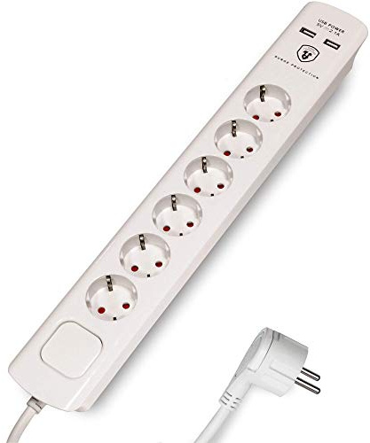 FeinTech grenuttag med USB och platt kontakt, 6-vägs flera uttag med strömbrytare, överspänningsskydd och 3 m kabel, MD00633