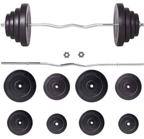 HOMCOM Barra de Pesas Curvada 70 kg Barra de Rizo 140x38,5x38,5 cm Negro | Set de Musculación, con 8 Discos de Pesos 2,5kg-15kg Intercambiables, para Mancuernas/Brazadas/Sentadillas, Gimnasio Casa