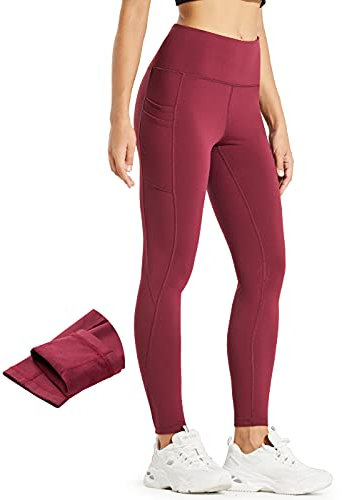 Comallan Damen Winter Thermo Leggings, Wasserdicht Lauf Sport Tights Laufhose Wanderhosen Training Hose Mit Fleece gefüttert und Taschen, Rubin Wein XL