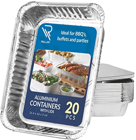 Rollay 20 Pack Aluminium Foil Trays with Lids 21.4x16x5cm/1000ml- Foil Food Containers for Food Storage, Baking, Roasting, Takeaway and Party (Pack of 20 with Lids)