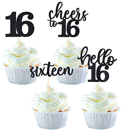 36 Stück 16th Birthday Cupcake Toppers Glitter Hallo 16 Geburtstag Tortendeko Cheers to 16 Sixteen Muffin Dekoration for 16th Birthday Teenager Party Kuchen Dekoendeko Black