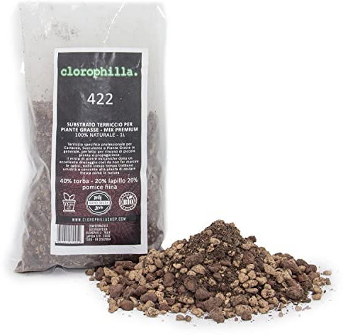 Clorophilla - Terriccio Professionale per Cactacee e Succulente | Drenaggio con Pietre Vulcaniche | Ideale per Rinvaso e Propagazione | Substrato Piante Grasse, 1 Litro
