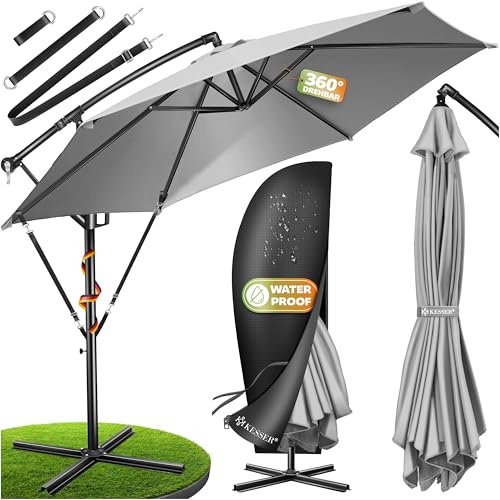 KESSER® Sonnenschirm Ø 300 cm, Ampelschirm mit Kurbel, für Balkon, Terrasse & Garten, Sonnenschutz, Gestell & Ständer aus Alu, UV-Schutz, wasserdicht + Windfest, 360° Funktion + Schutzhülle, Hellgrau