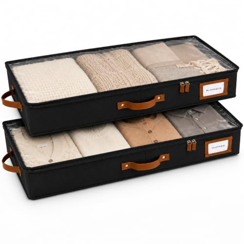 HOMELUX THEORY 2pc Low Profile Under Bed Storage Containers, Thin Under Couch Storage Organizer with Bins & Lids, Underbed Storage Box Ideal for Seasonal Clothes, Blankets, Fabric & Shoes (Black)