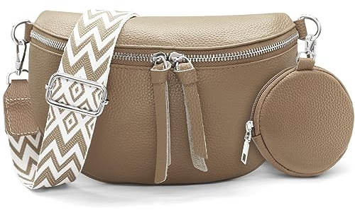 HNOOM Kleine Damen Umhängetasche aus Echtleder – Elegante Bauchtasche & Crossbody Bag mit Münzfach – Verstellbarer Breiter Gurt, RFID-Schutz – Stylische Gürteltasche für Alltag und Reisen (Khaki)