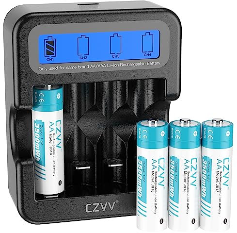 czvv Pilas Recargables AA Litio 1,5V - LCD Cargador de Pila AA AAA con 4 Unidades Baterías Lithium Capacidad Alta 3500mWh - Ultra Rápido 2H - Duración 10 Años,1300 Ciclo para Ratón, Teclado, Gamepad