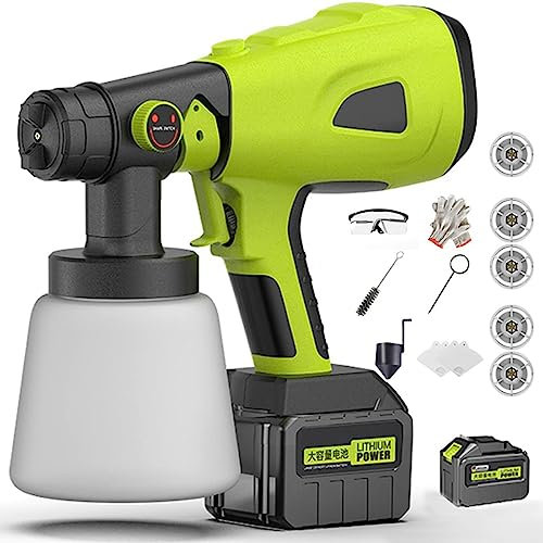 HLGKBY HVLP Powerful Spray Gun, 850W Electric Paint Sprayer Gun, Cordless Paint Sprayer with 22500Mah Batteries with 3 Patterns & 5 Nozzles for Car, Deck, Fence, 2 batteries