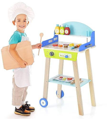 COSTWAY Cocina Juguete para Niños, Cocinita Infantil de Madera, Juego de Juguetes de Parrilla con Accesorios, a Partir de 3 años