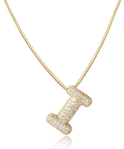 AFSTALR Women's Bubble Letter Chain Gold/Silver Ice Out Balloon Necklace with Initial Pendant Bubble Jewellery 45 + 5 cm, Stainless Steel Gold I