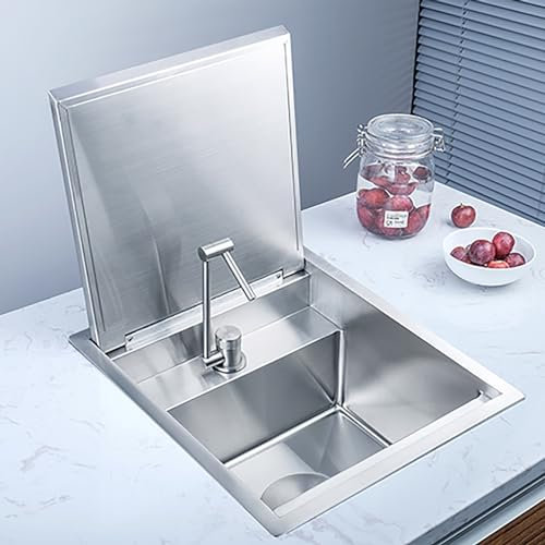 PQXQZ Fregadero Camper, Fregadero Cocina, Fregadero de Acero Inoxidable con Grifo y Tapa Plegables, Accesorios para Remolques de Camper (Color : Purified water faucet, Size : 36x42cm)