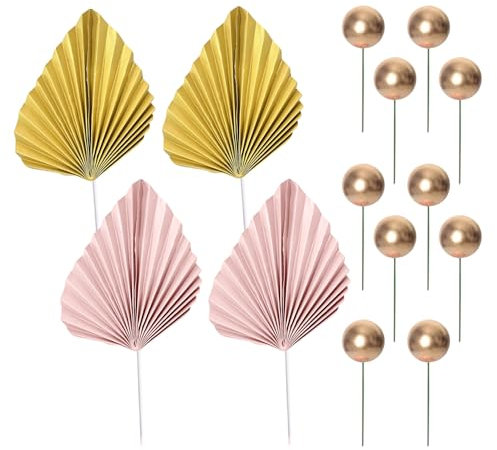 4 piezas de decoración de pastel de hoja de palma, 10 bolas de pastel doradas, abanico plegable, bandera de hoja de palma, decoración de tartas, decoración de tartas de cumpleaños, fiesta de boda