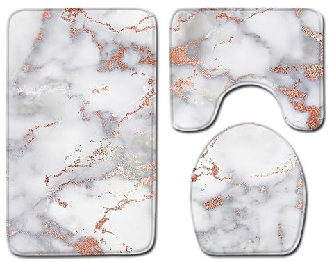 Bad Teppiche Set 3-Teiliges Roségold Marmor WC Vorleger Mit Ausschnitt Badematte Saugfähig WC Deckelbezug Badvorleger rutschfest Waschbar Toilettensitzbezug Badgarnitur (45x75cm)