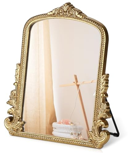 Vintage Makeup Mirror, Vanity Desk Mirror Antique Traditional Tabletop Mirror, Standing, Hang or Wall Mounted, Adjustable Dress-up Mirror, Gold Decor Mirror for Living Room,Bedroom (gold, 12*9.8 in)