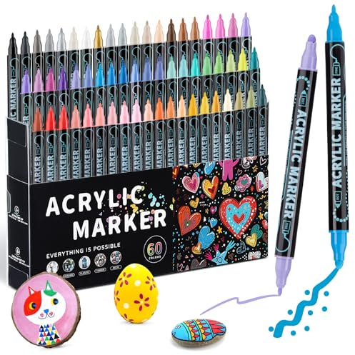 Mzh Art 60 Colors Dual Tip Acrylic Paint Pens Markers, Double Tip Premium Acrylic Markers for Wood, Rock Painting, Glass, Canvas, Stone, DIY Crafts Making Art Supplies