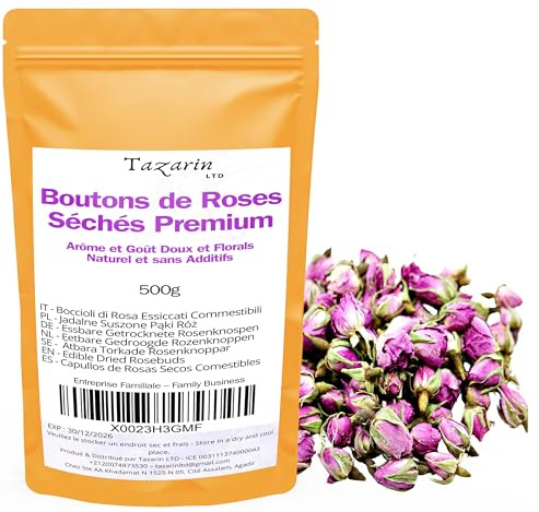 500g Premium Speisepflanzen-Rosenknospen - Infusion aus getrockneten Atlas-Rosenblättern - Süßer und blumiger Geschmack und Aroma - 100% natürlich, rein und ohne Zusatzstoffe | TazarinLtd