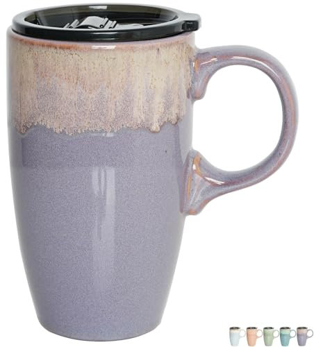 Bosmarlin Ceramic Travel Coffee Mug with Handle and Lid, 18 oz, Portable Coffee Cup for Car Cup Holder, Microwave and Dishwasher Safe, Reactive Glaze (Deep Purple)