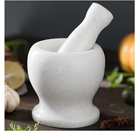 Mortier Pilon Cuisine Ensemble mortier et pilon broyeur de pilules en marbre poli naturel poli, broyeur d'épices, bol d'herbes, poudre de pesto petite taille 3,7 pouces Mortier et pilon(Blanc)