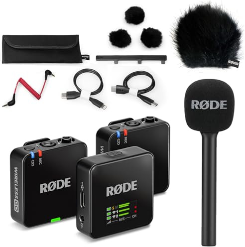 Rode Wireless GO Gen 3 Drahtloses 2-Kanal Mikrofon-Funksystem mit Interview GO Handadapter und keepdrum Fell-Windschutz BK