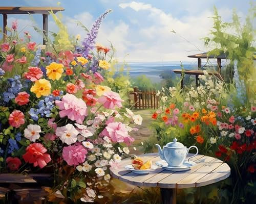 YarnAdventures Garden View Paint by Numbers for Adults,Table and Tea Set,Oil Painting by Numbers Kits,Paint Kits Canvas Gifts Arts Crafts for Home Decor,40x50cm Frameless