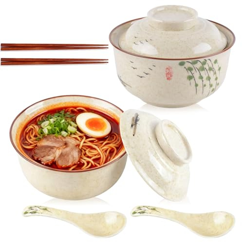 2 Pack Ceramic Ramen Bowls 27 Ounce Large Noodle Soup Bowl with Lid Japanese Style Retro Ceramic Tableware Set for 2 Person Chopsticks and Spoons Microwave Dishwasher Safe