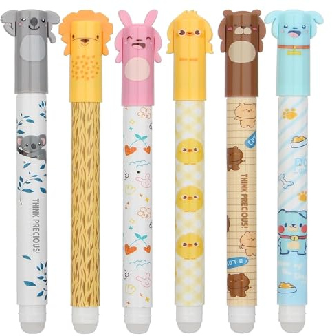 6 Stück Cartoon Tintenroller Radierbarer Kugelschreiber Erasable Pen Set | Eberhard Faber Radierbar Stift 0.5mm Blau Tiermotiven Tintenroller für Erwachsene Sachen Mädchen Jungs für Schule Bürobedarf