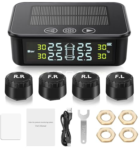Sistema de control de presión de neumáticos Avutrel TPMS con monitor de presión de neumáticos, pantalla LCD y botones táctiles, carga solar/USB inalámbrica, 5 modos de alarma, 4 sensores externos para