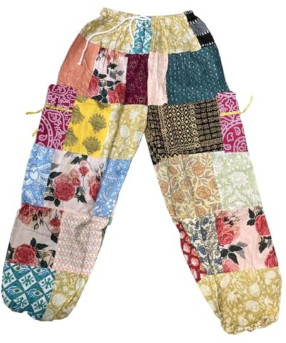 YILLE Bohemian Harem Yoga Pants for Women, Stylish Gypsy Patchwork Trousers with Elastic High Waist & Two Side Pockets, Comfy Hippie Palazzo Style Flowy Summer Beach Pant, One Size - Multicolor