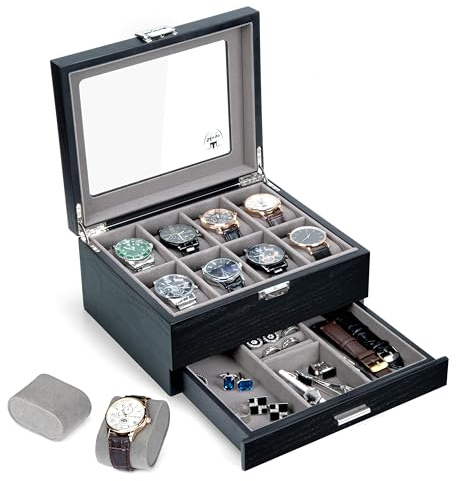 Slege Caja para Relojes de Madera,con 8 Compartimentos de 2 Niveles,Hecho a Mano Caja de Relojes Hombre,Estuche Relojero Organizador,Cubierta de Vidrio,Organizador para Hombres y Mujeres Regalo,Negro