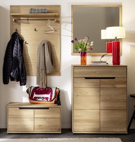 Garderoben-Set >ARAYA< 4-teilig in Eiche, Massivholzfront geölt, Schuhbank, Schuhkommode, Paneel mit Haken, großer Spiegel, modernes Design, FSC zertifiziert, zerlegt,- 158x195x40,5 (BxHxT).