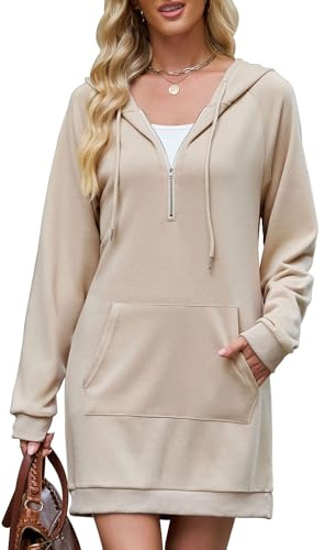 Tanst Sky Hoodie Dress for Women Plus Size 2X,Womens Sweatshirt Mini Dress Long Sleeve Zip Up Tunic with Kangaroo Pocket Ladies V Neck Drawstring Work Casual Pullover Khaki XX-Large