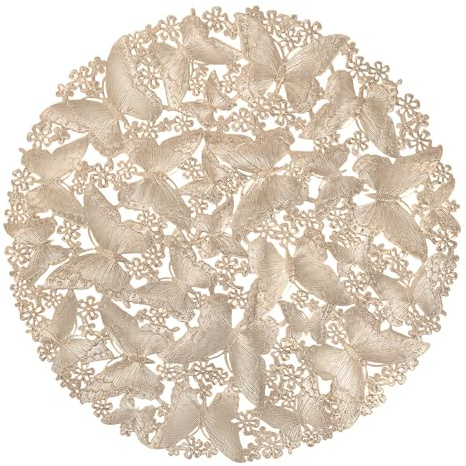 fanquare Juego de 6 Salvamanteles Individuales Redondos Dorada de Purpurina 38 cm, Diseño Recortado de Mariposas y Flores, Superficie Antideslizante y Lavable Impermeable para Bodas, Navidad y Cenas