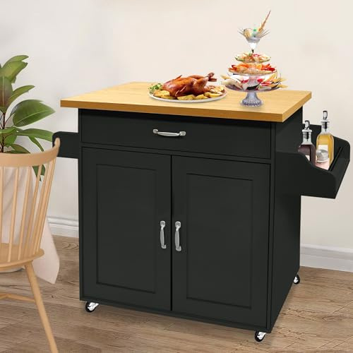 UISEBRT Carrello da cucina con piano di lavoro in legno, mobile da cucina su ruote, con cassetto e ripiano, carrello da portata in stile rustico, nero