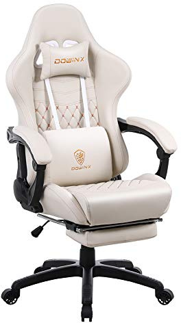 Dowinx Luxuriöser Gaming Stuhl Ergonomisch aus PU Leder mit Boutis-Steppung, Massage-Lendenstütze & Fußstütze, Verstellbarer Bürostuhl 90°-170°, Belastbar bis 200kg, Für Homeoffice & Gaming, Weiß